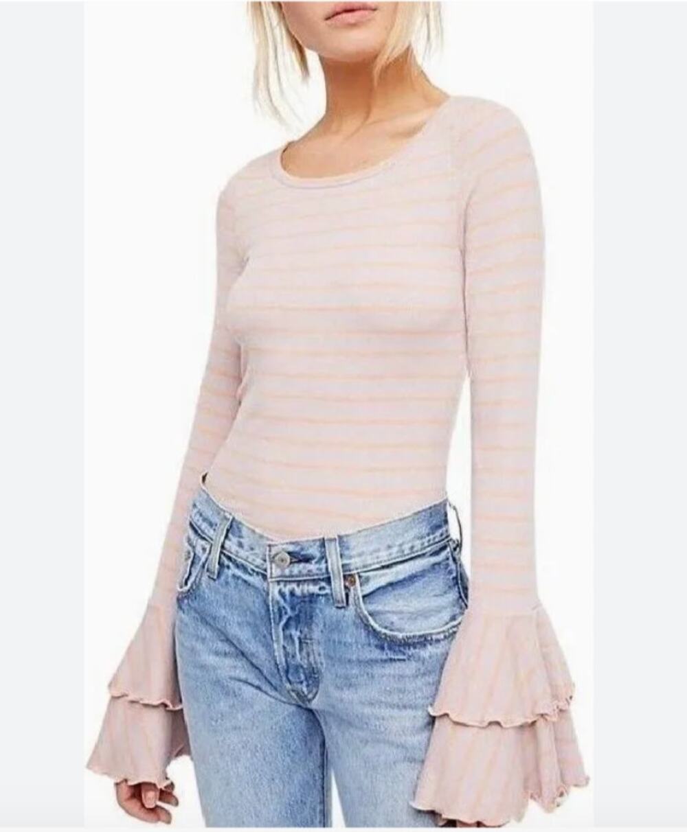 We The Free People Pink Orange Top Striped Ruffle Bell Sleeve Size X-Small XS